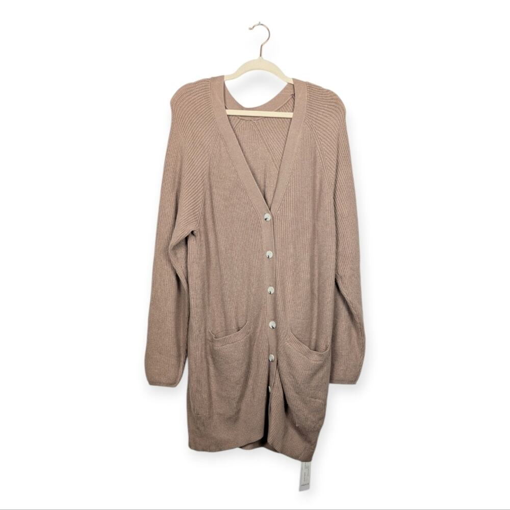 525 America Cardigan L Tan Ribbed Knit Longline Open Front Cozy Lightweight NWT